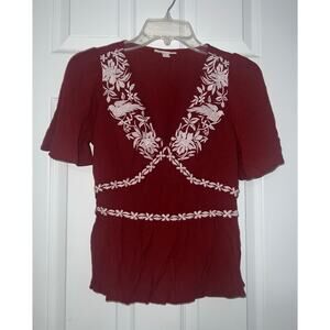 Knox Rose Dark Red Floral Short Sleeve Embroidered Blouse Top Sz S Small